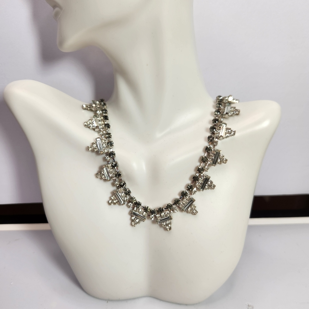 art deco vintage rectangle triangle smoky rhinestone costume necklace elegant